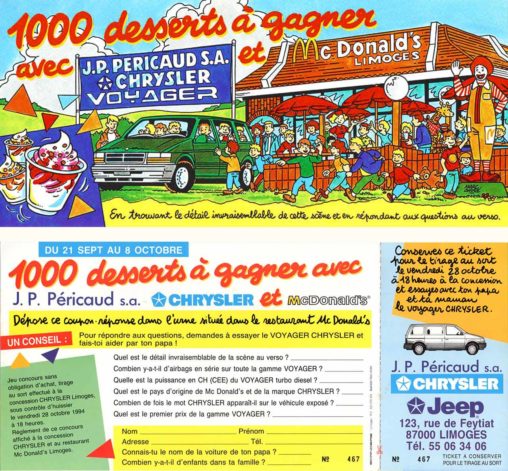 Carte jeu de Pericaud Automobiles Chrysler et McDonalds-Agence Scandere Limoges 1994