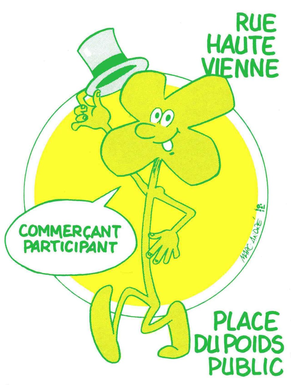 Le trèfle souriant, personnage Association des commerçants Rue Haute-Vienne et Place du Poids-Public 1985.