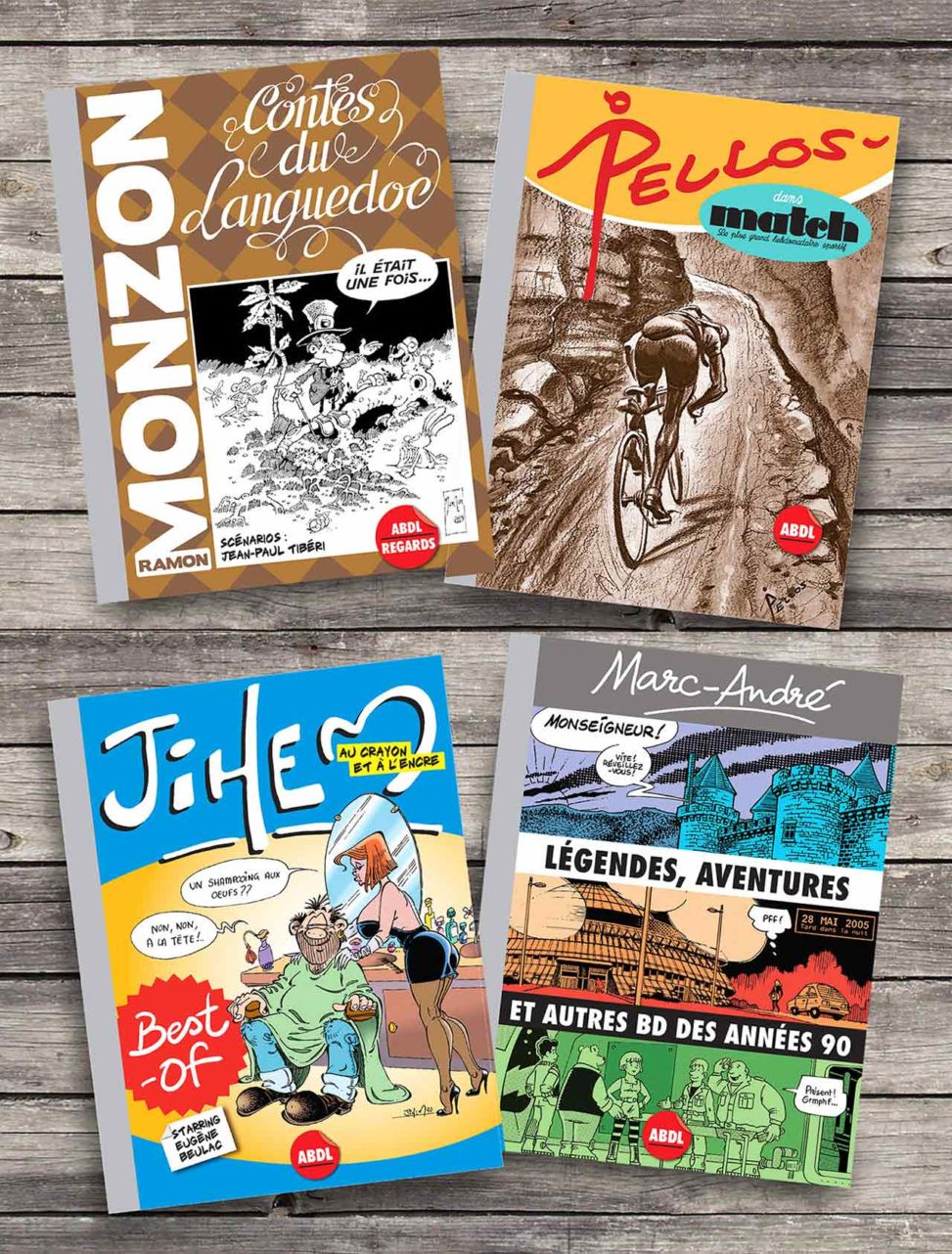 2019-Presentation 4-ouvrages BD Editions-ABDL Pellos Match Best-of Jihem Monzon et Tibéri Contes du Languedoc Marc-André Légendes aventures et autres BD des années 90