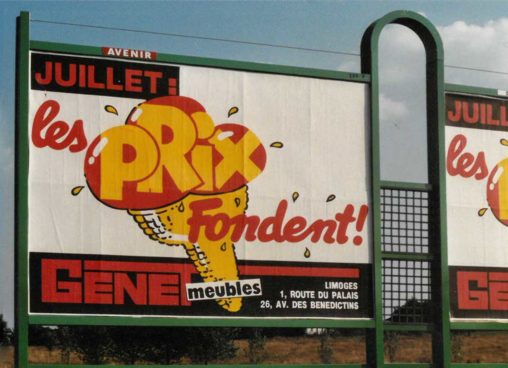 1989-07-Affiche-4x3-Les-prix-fondent-Meubles-Genet-Agence-Scandere-Limoges-1989 Marc-André