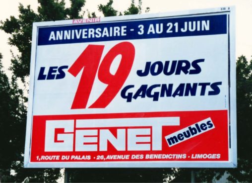 1990-Affiche-4x3-Anniversaire-les-19-jours-gagnants-Meubles-Genet-Agence-Scandere Marc-André