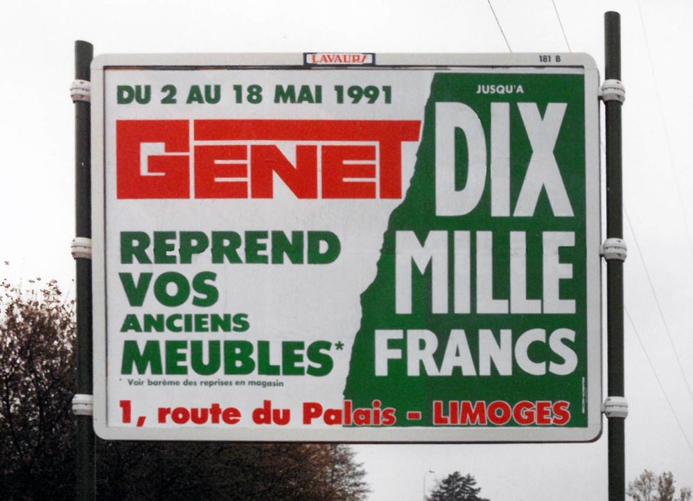 1991-05 Affiche 4x3 Meubles Genet reprend vos anciens meubles dix mille francs-Agence Scandere 1991 Marc-André