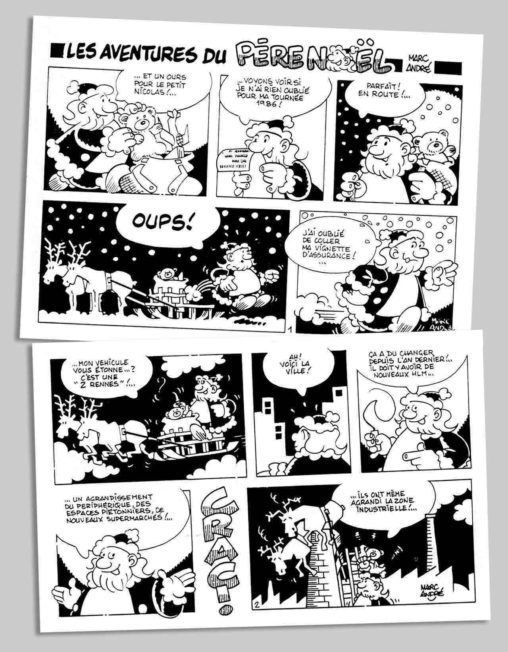 Deux gags en demi-page des Aventures du Père Noël publiées dans Couzeix le bon réflexe en décembre 1985. Marc-André