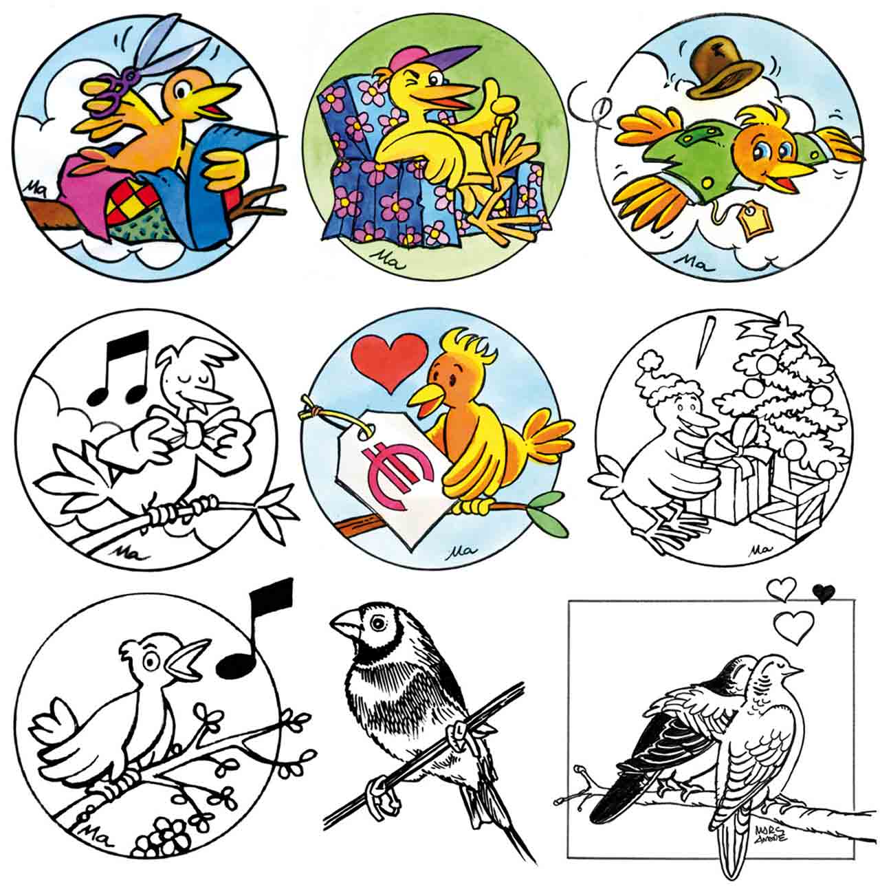Quelques oiseaux pour des publicités dans Info magazine en 2002-2003 Marc-André BD Illustration graphisme Limoges 
