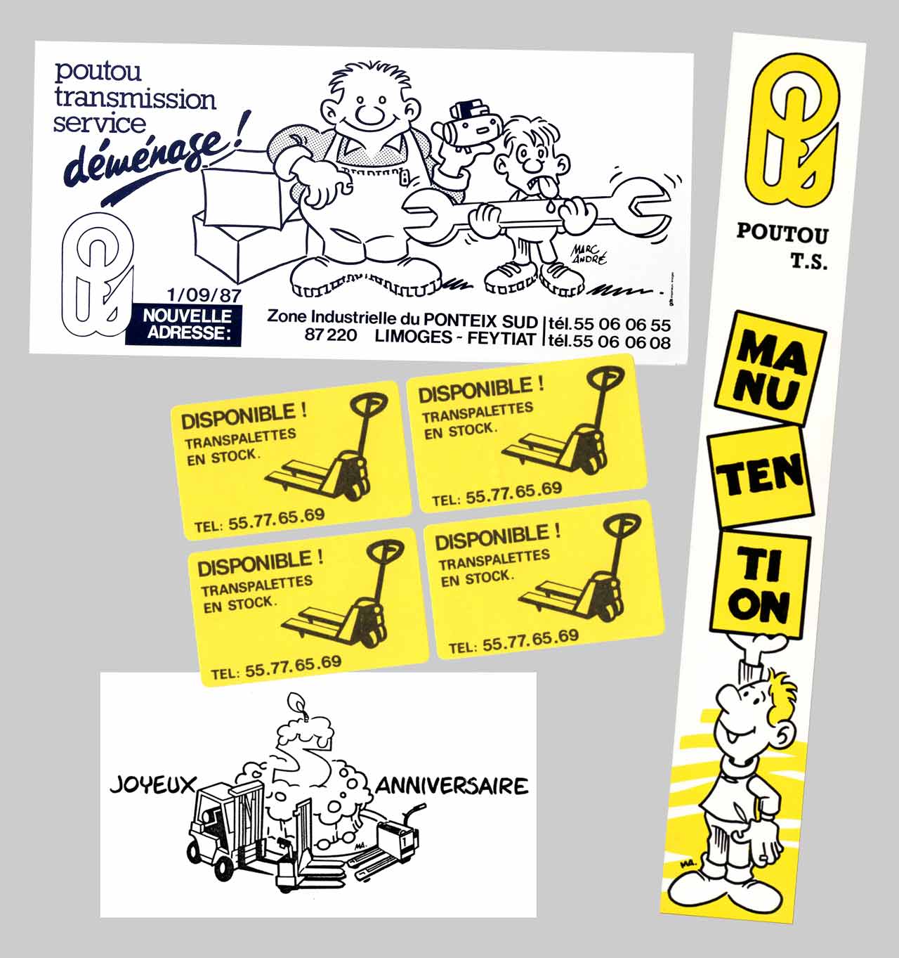Illustrations Poutou Transmission Service 1986-87  entêtes et dos de classeurs autocollants cartes Marc-André BD Illustration Graphisme Limoges