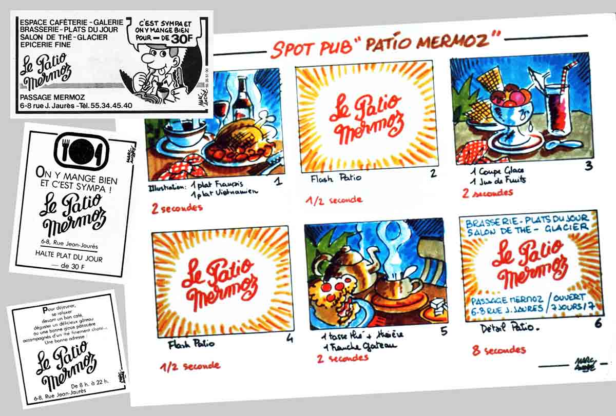 Le Patio Mermoz restaurant story-board pour spot publicitaire cinéma et annonces presse Marc-André BD Illustration Graphisme Limoges