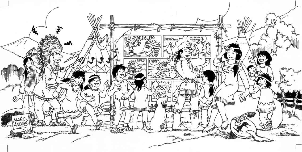 Illustration noir et blanc pour Carte vœux 1996 Marc-André BD Illustration Graphisme Limoges Indiens Trappeur Les aventures du chef