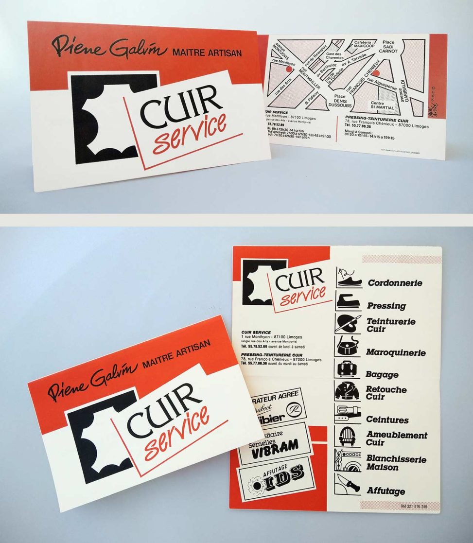 Carte, logotype, pictogrammes et flyer Cuir Service Limoges 1988. Marc-André BD Illustration Graphisme Limoges