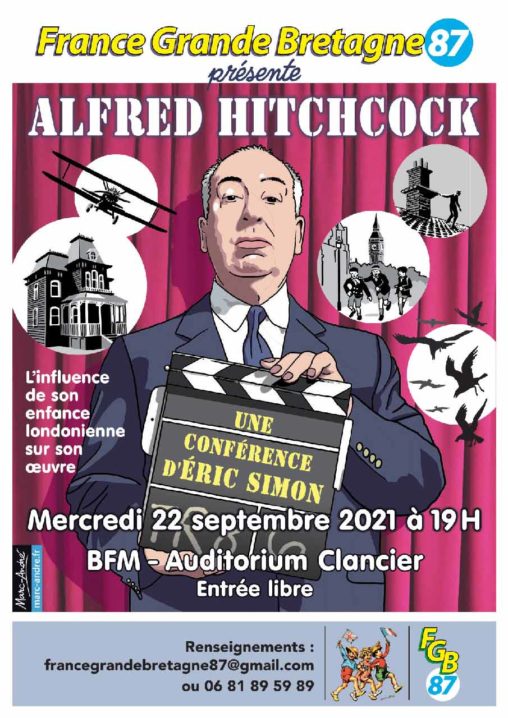 Flyer-Conférence-Alfred Hitchcock- Influence enfance londonienne sur son œuvre -22 septembre 2021 - France-Grande-Bretagne 87 - Marc-André BD Illustration Graphisme Limoges