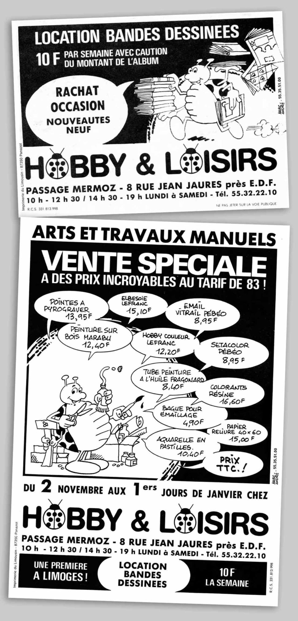 Flyers pour Hobby & Loisirs - Passage Mermoz 1985-86 - Marc-André BD Illustration Graphisme Limoges