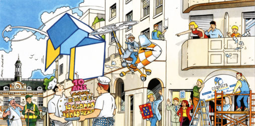 Une illustration pour une carte à l'occasion des 10 ans de Cogestra Immobilier à Aulnay-sous-Bois. 1997 - Marc-André BD Illustration Graphisme Limoges