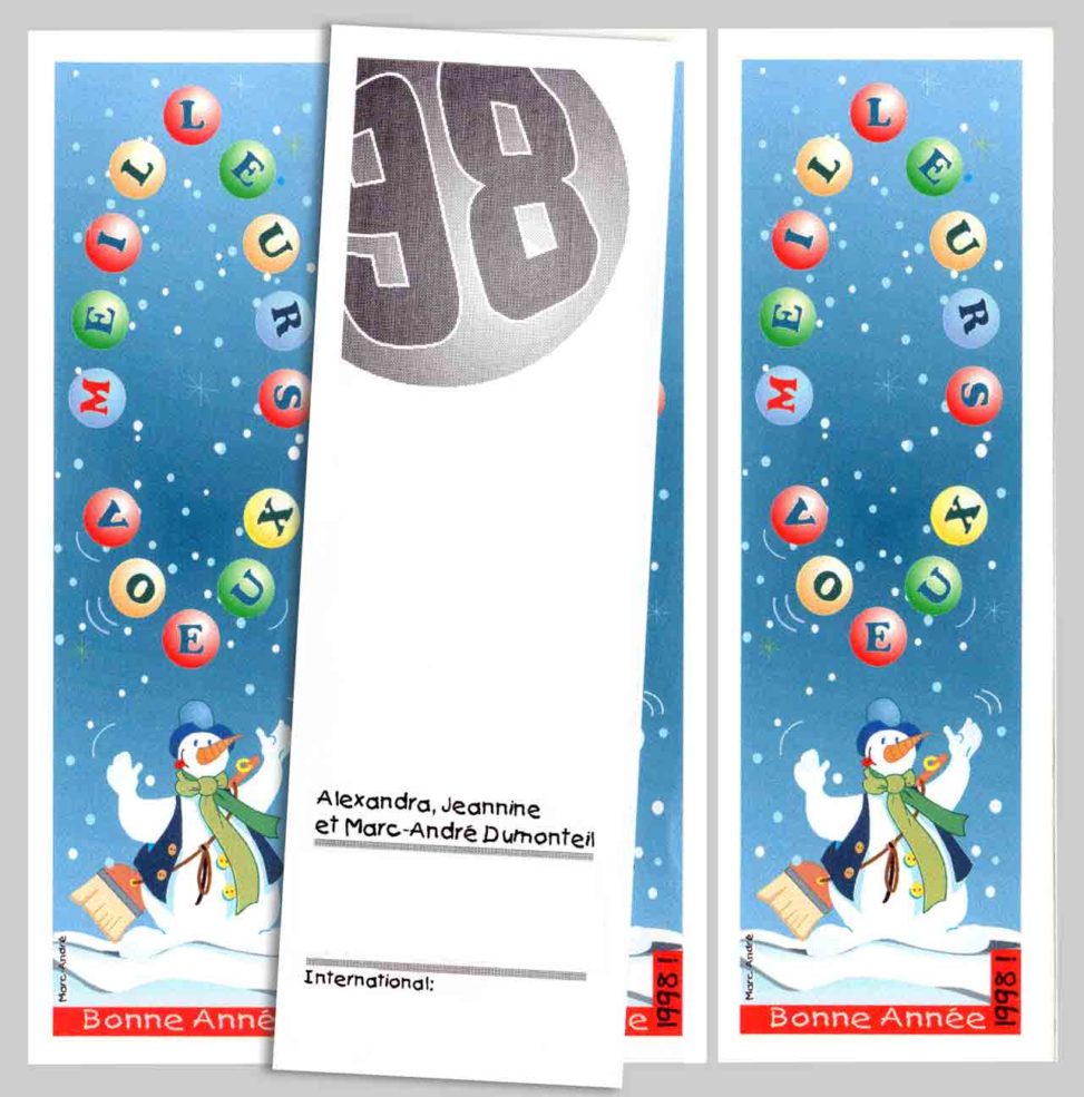 Bonhomme de neige qui jongle - Carte de vœux pour l'année 1998 - Marc-André BD Illustration Graphisme Limoges