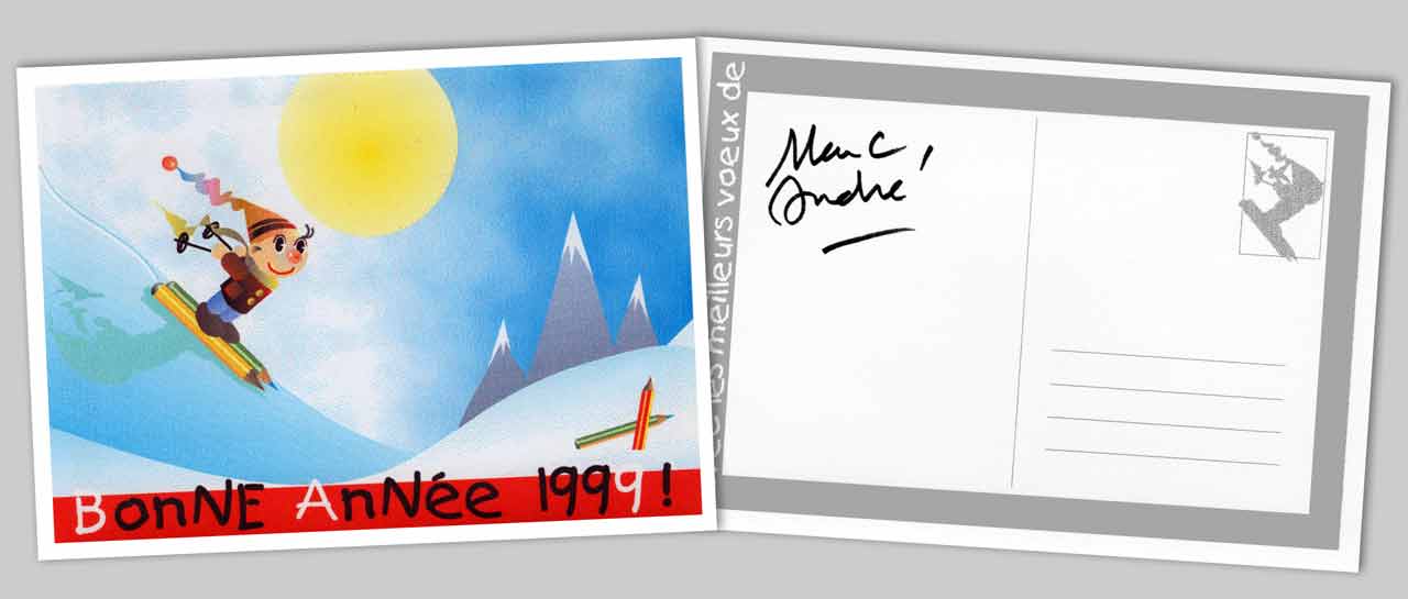 1999 - Tout schuss - un petit skieur sur des crayons - Carte de vœux pour l'année 1998 - Marc-André BD Illustration Graphisme Limoges  Informatique Corel Draw 4