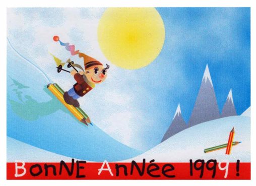 Tout schuss - un petit skieur sur des crayons - Carte de vœux pour l'année 1999 - Marc-André BD Illustration Graphisme Limoges Informatique Corel Draw 4