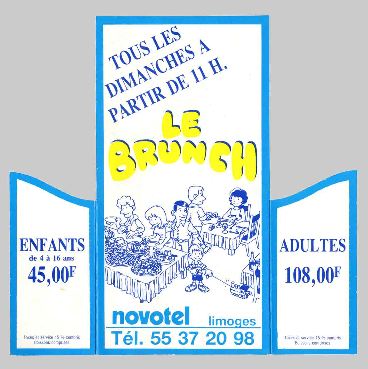 Plaquette de la formule "Le Brunch" chez Novotel. Une réalisation en 1987 pour l'agence Multi-pub de Limoges. Marc-André BD Illustration Graphisme Limoges 