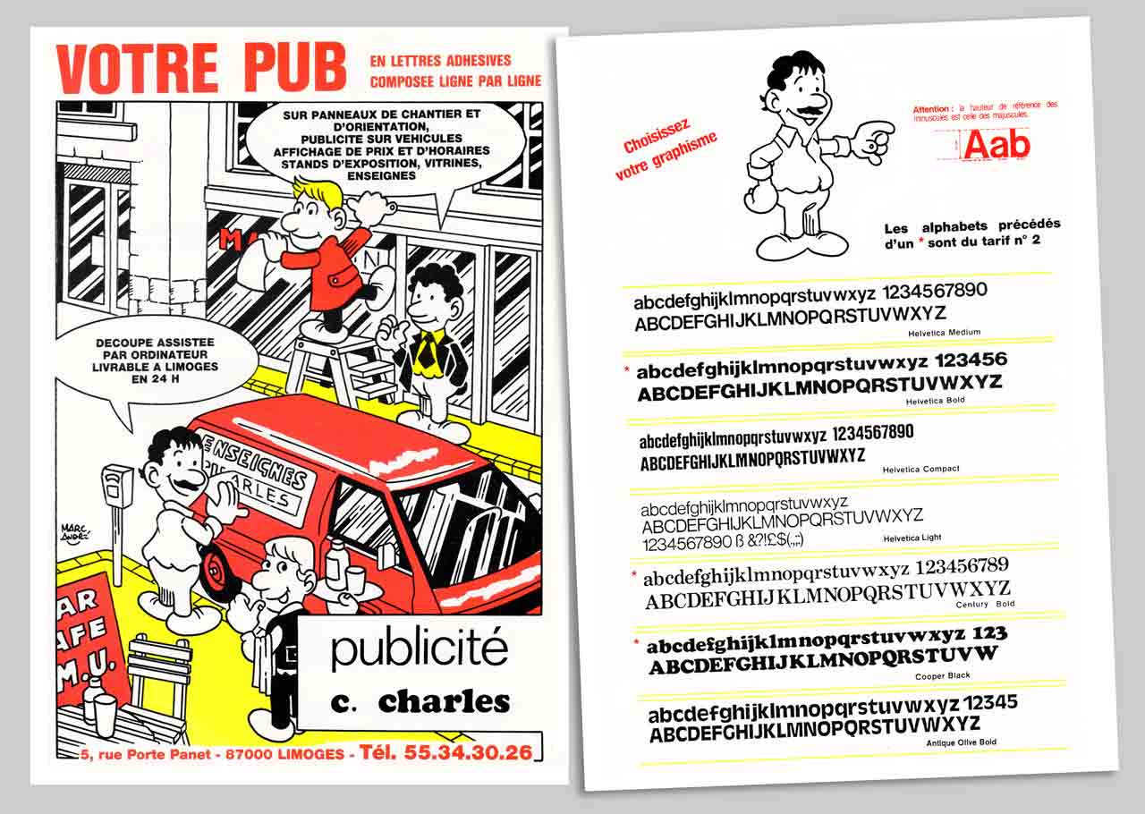 Illustrations pour Flyer Charles-Enseignes en 1986 - Marc-André BD Illustration Graphisme Limoges 