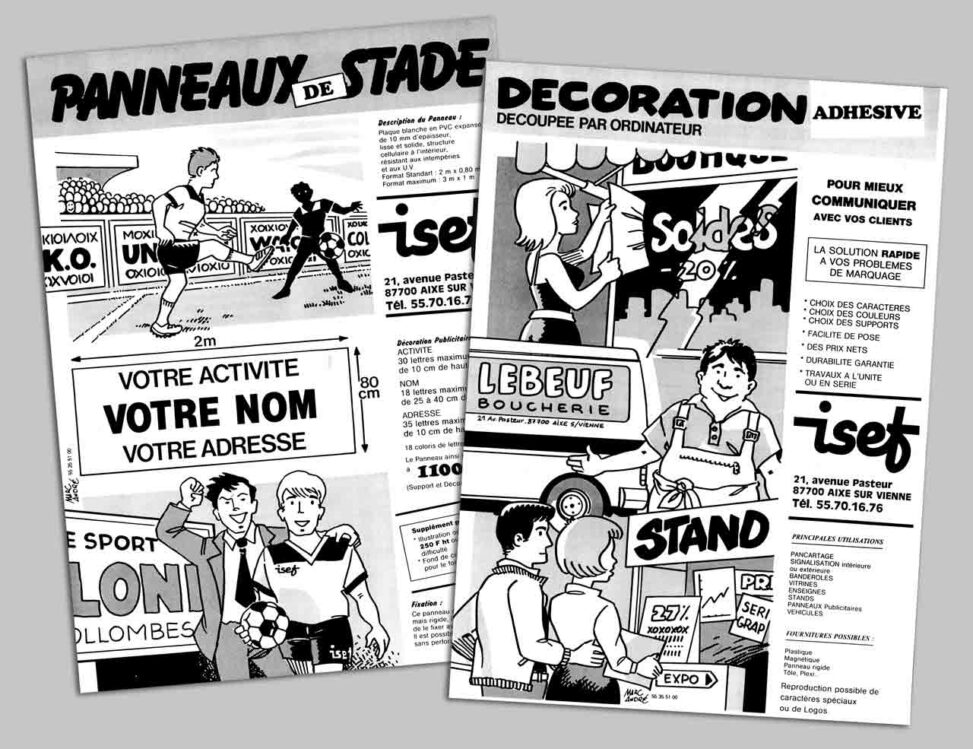 Deux flyers pour la société de sérigraphie Isef 1987 - Marc-André - BD Illustration Graphisme Limoges - Des panneaux et de la déco.