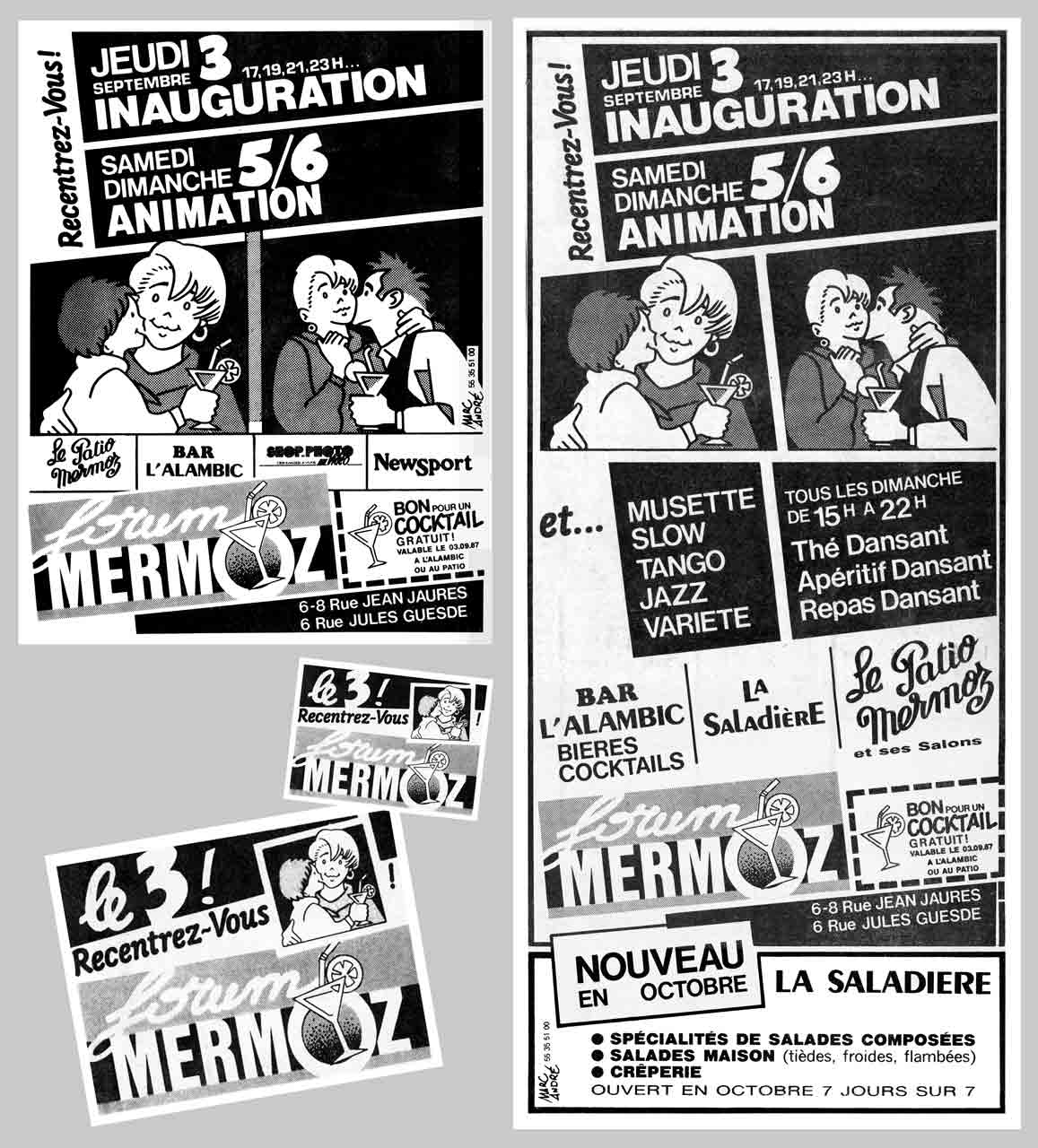 Le Forum Mermoz - Logo, pavés presse et affichettes pour l'inauguration le 3 septembre 1987 - Marc-André BD Illustration Graphisme Limoges