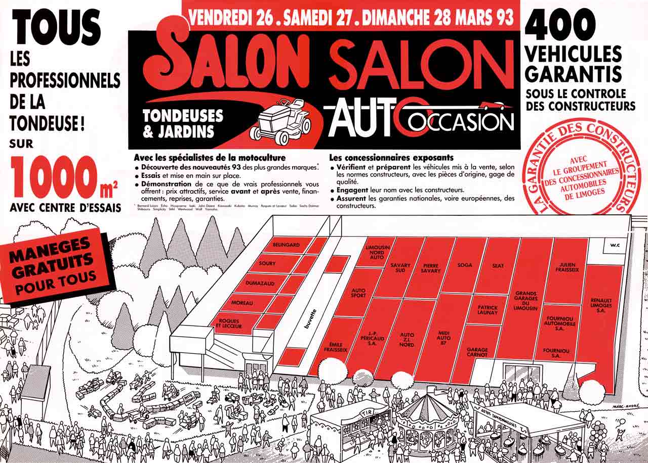 Intérieur Flyer dépliant Salon Auto Occasion, Scandere - 1992. Marc-André - BD Illustration Graphisme - Limoges.