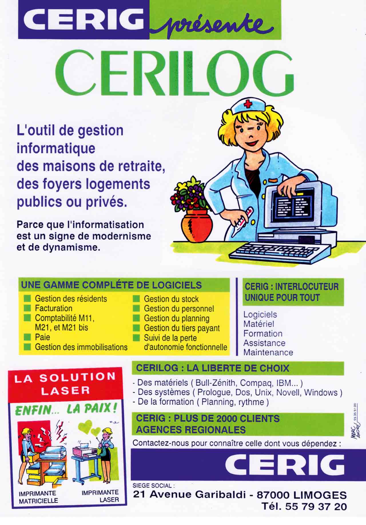 Logiciel Cerilog à destination des maisons de retraite développé par la société informatique CERIG. Marc-André BD Illustration Graphisme Limoges 1992-93