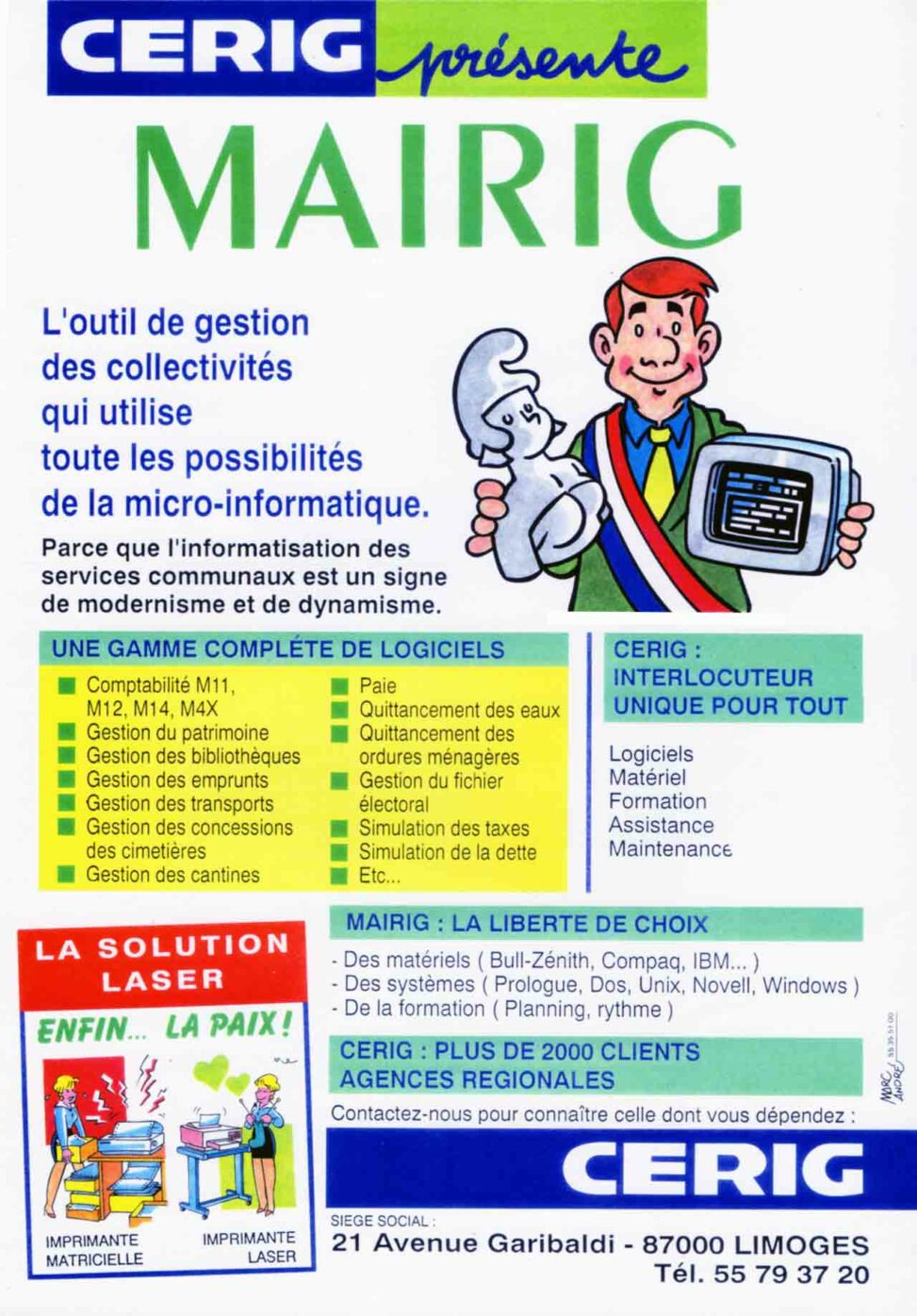 Logiciel Mairig à destination des collectivités, développé par la société informatique CERIG. Marc-André BD Illustration Graphisme Limoges 1992-93